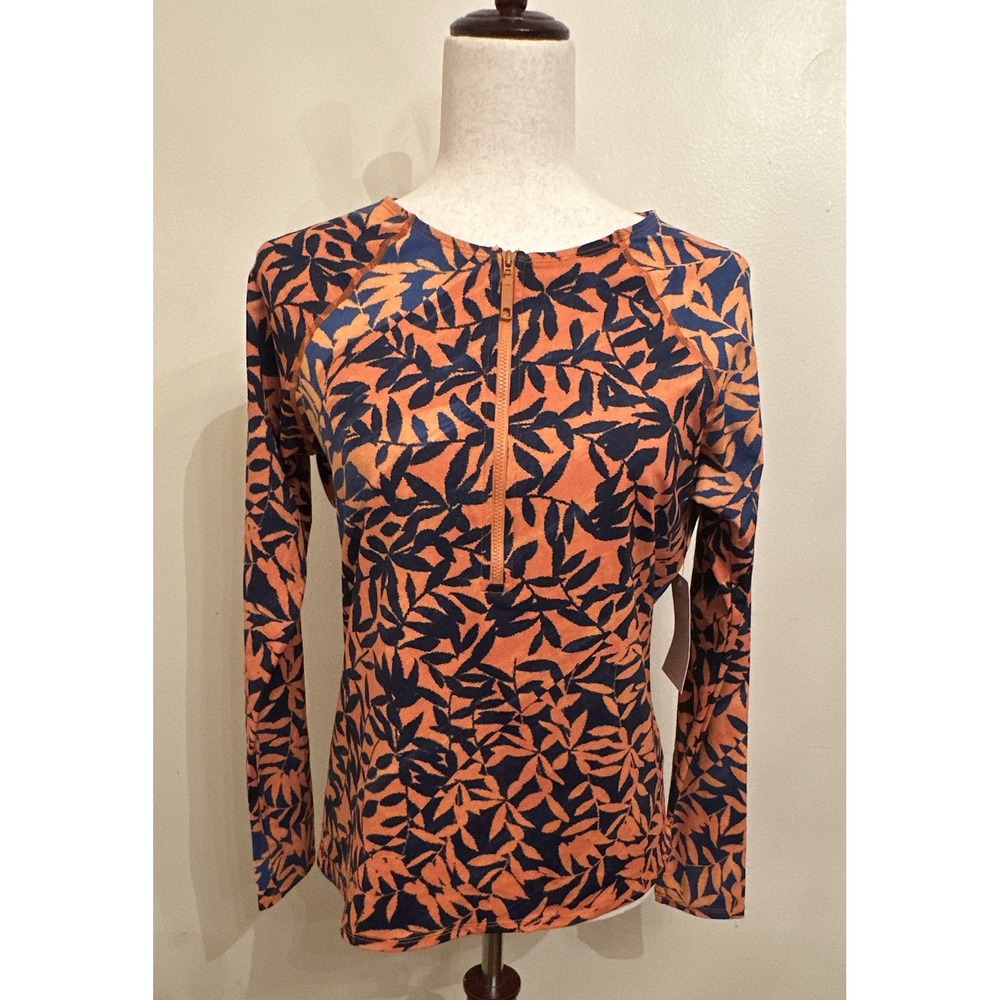 Garnet Hill Women's Rash Guard Swim Top Zip Front Long Sleeve Orange/Blue M NWT